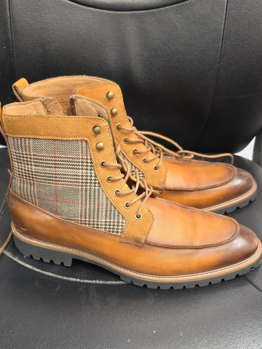Milano Brown Leather Plaid Combat Boots